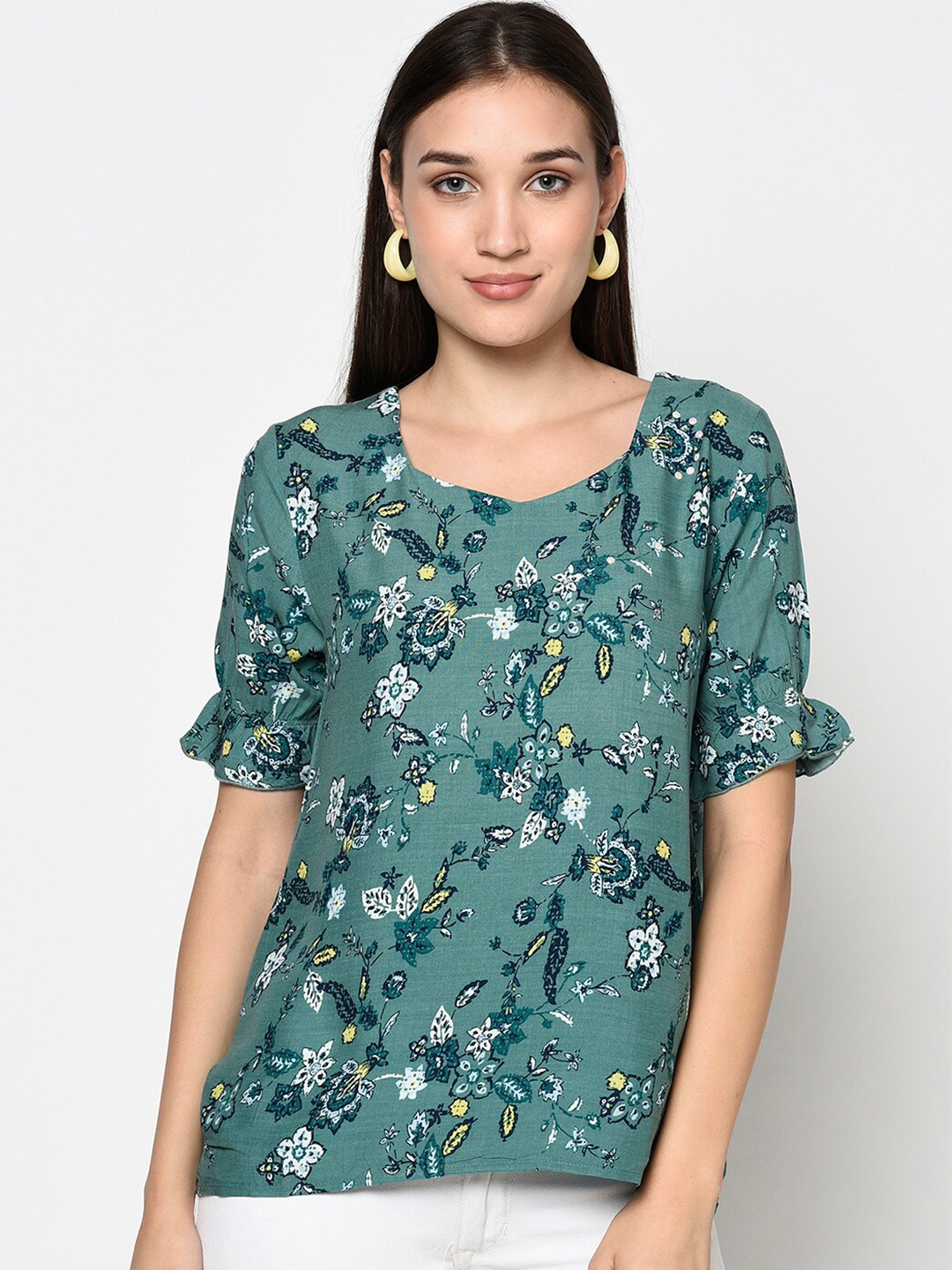 

Miss Grace Floral Printed Puff Sleeves Top, Green