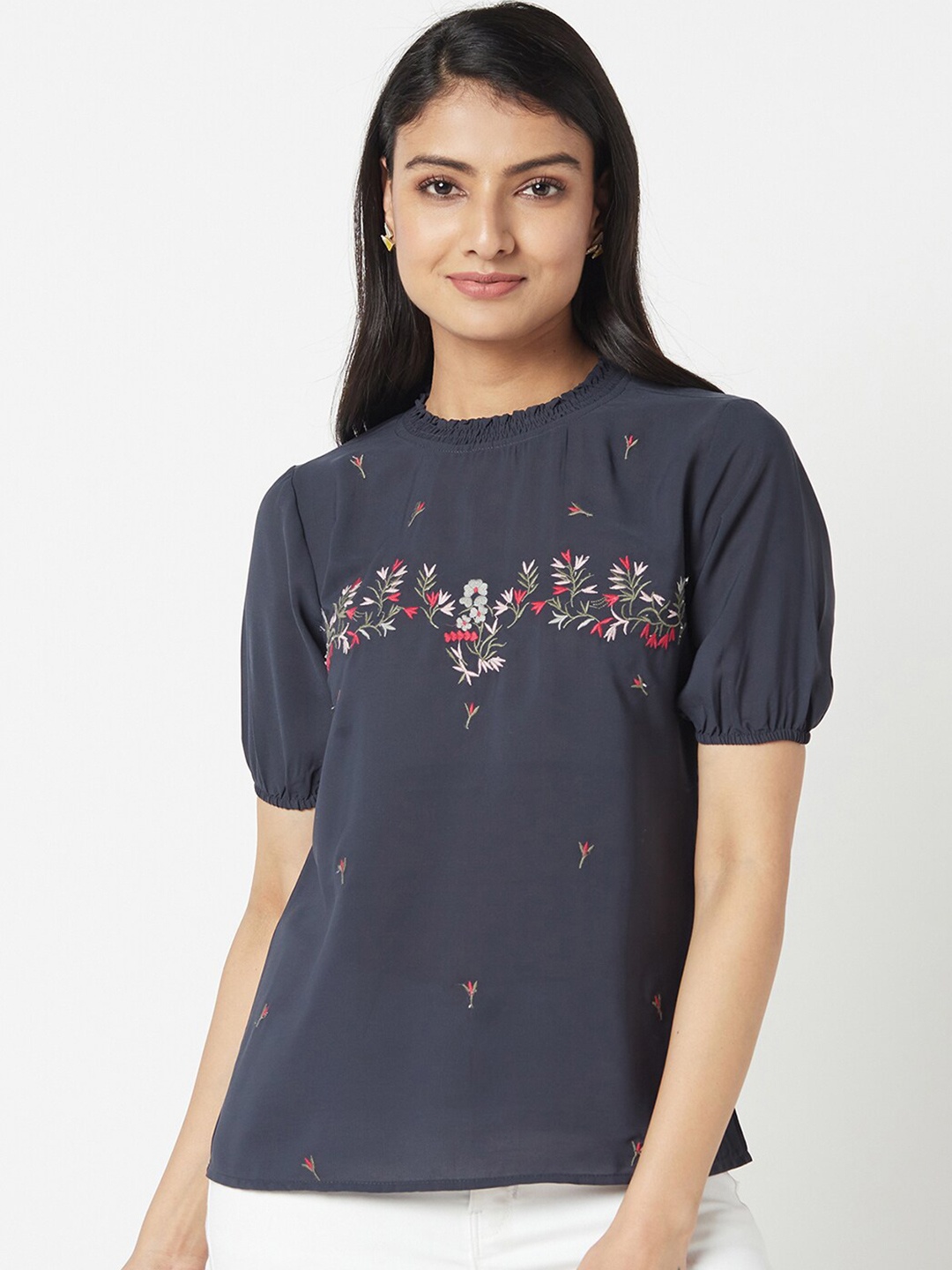 

Miss Grace Floral Embroidered Puff Sleeves Top, Blue