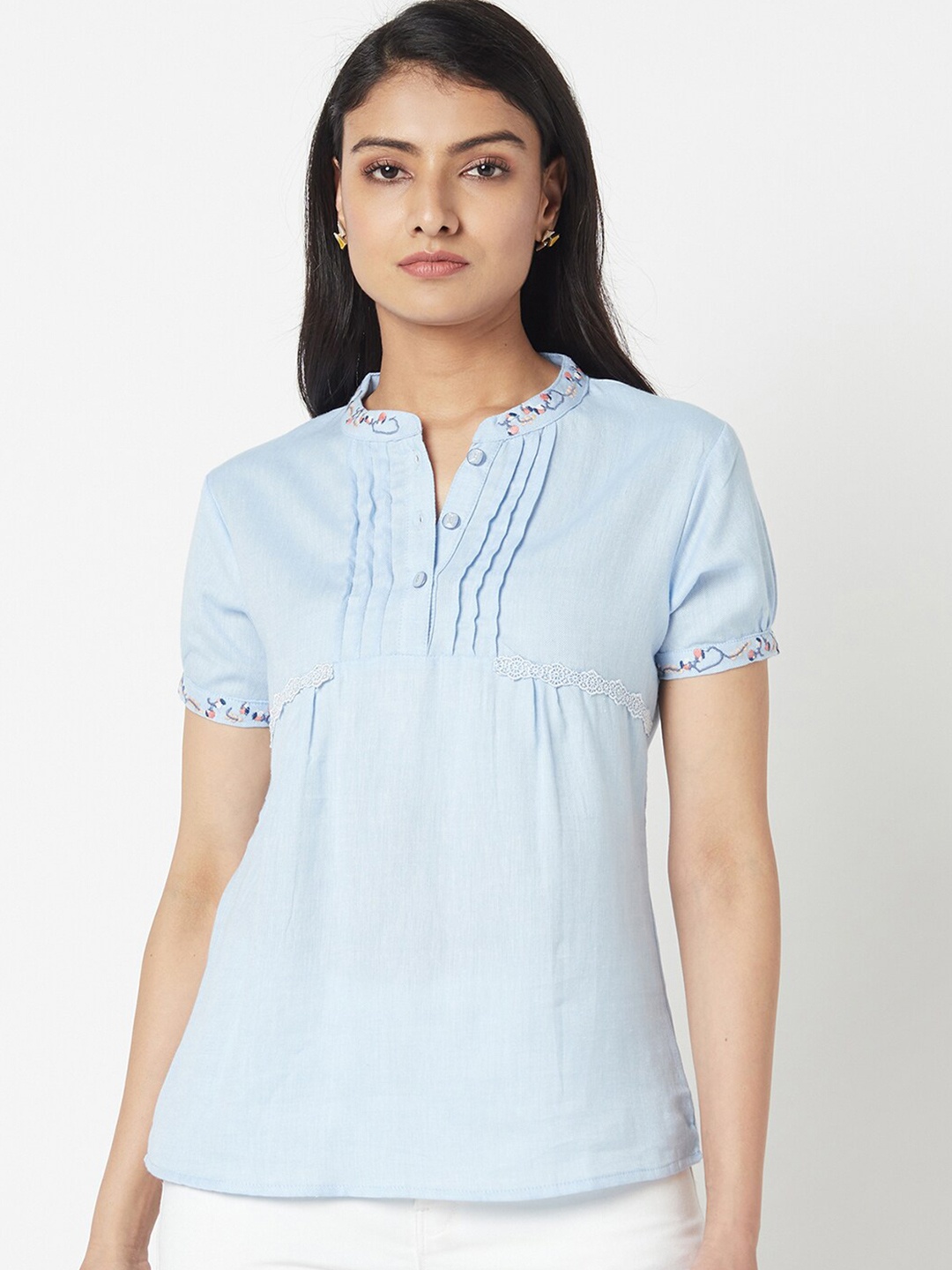 

Miss Grace Mandarin Collar A-Line Top, Blue