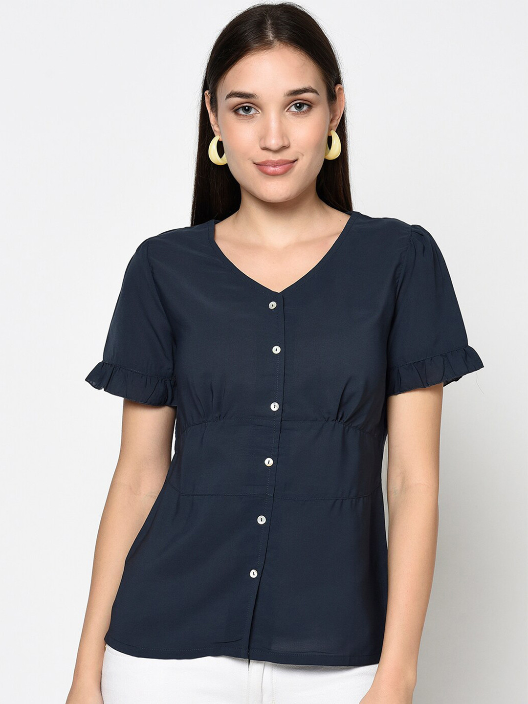 

Miss Grace V-Neck Gathered Shirt Styled Top, Navy blue