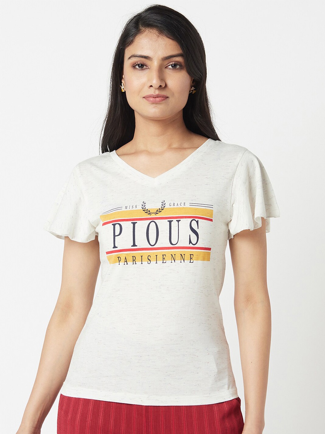

Miss Grace Typography Printed Flutter Sleeve Top, Off white