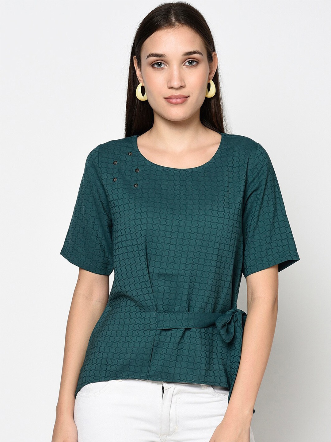 

Miss Grace Geometric Cinched Waist Top, Green