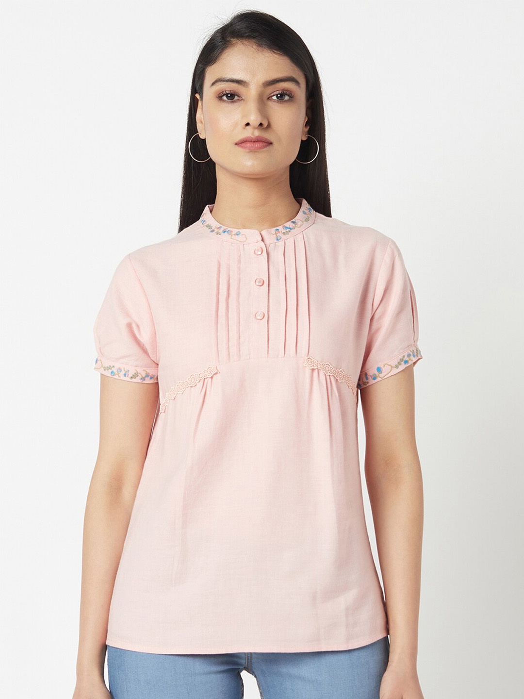 

Miss Grace Mandarin Collar Embroidered Top, Pink