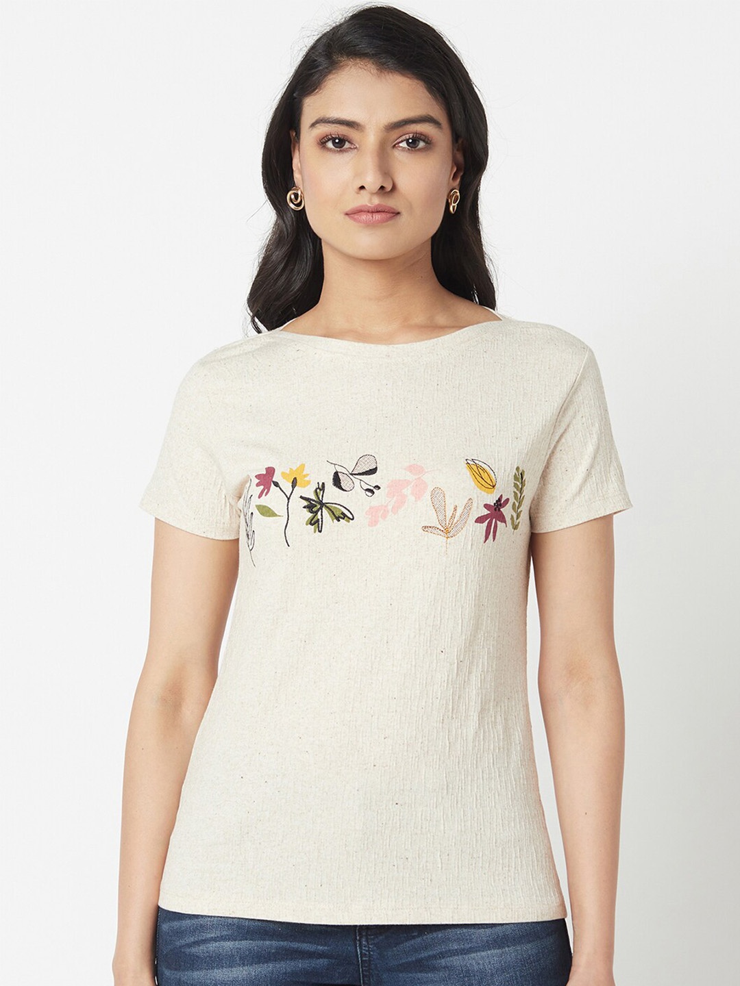 

Miss Grace Floral Printed Boat Neck Top, Off white