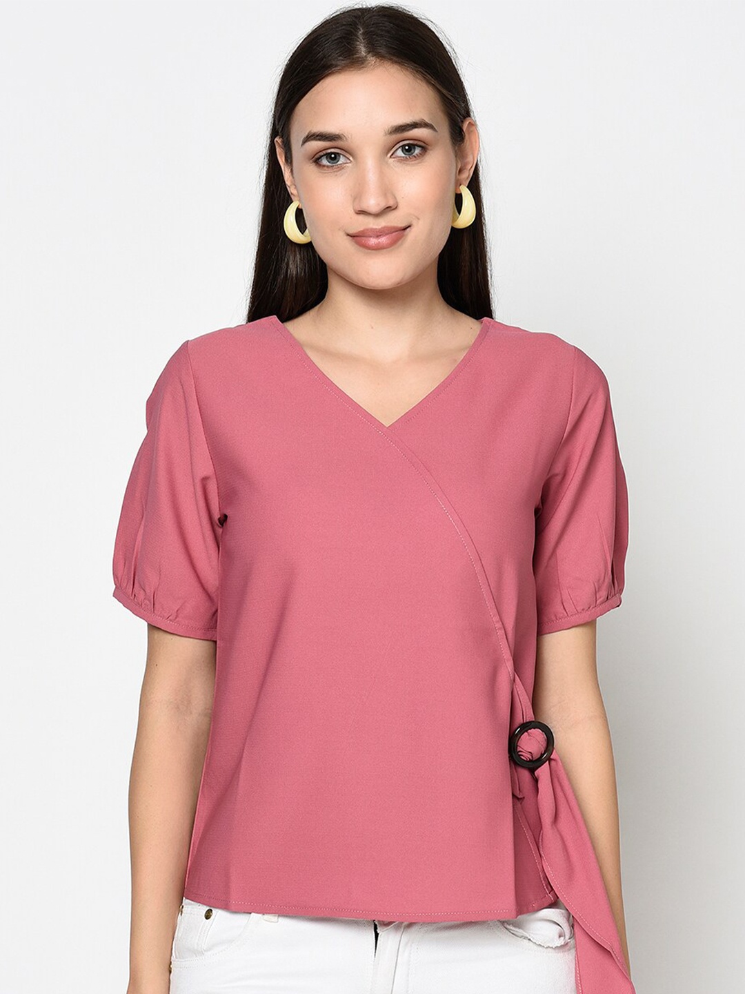 

Miss Grace V-Neck Puff Sleeves Wrap Top, Pink