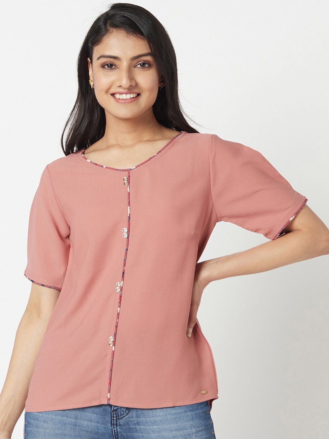 

Miss Grace V Neck Short Sleeves Casual Top, Pink