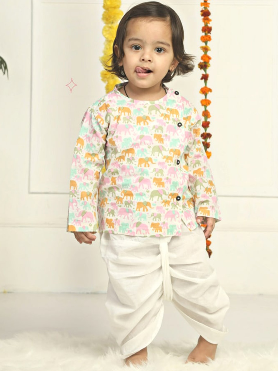 

Polka Tots Infants Kids Ethnic Motifs Printed Angrakha Kurta with Dhoti Pants, White