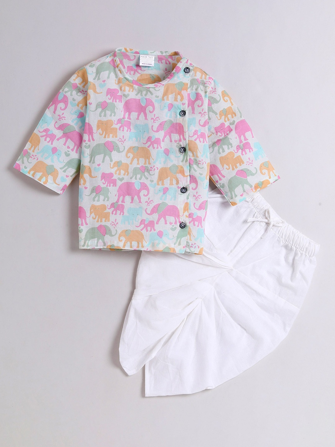 

Polka Tots Infants Kids Ethnic Motifs Printed Angrakha Kurta with Dhoti Pants, White