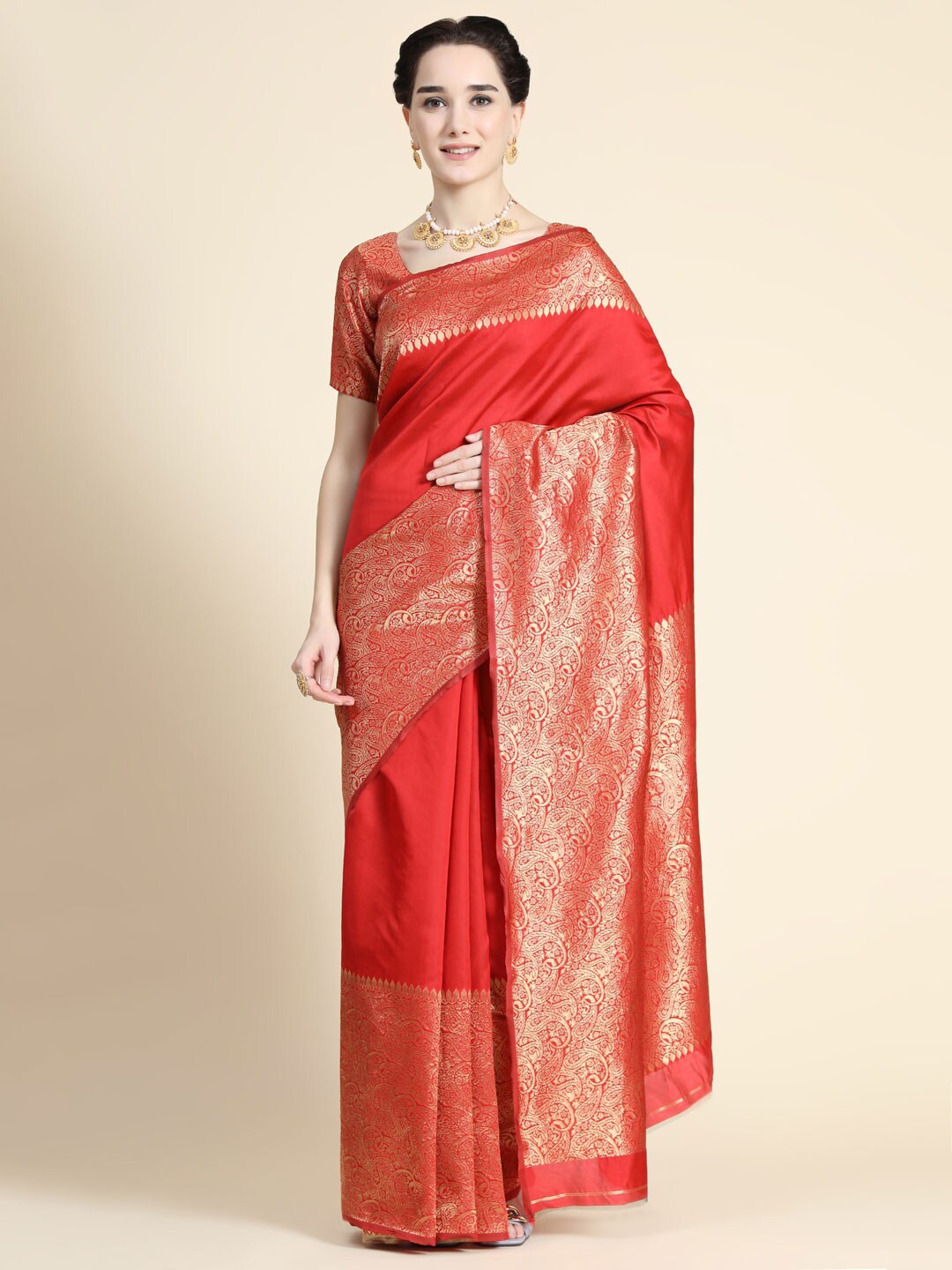 

SHIJILA Woven Design Zari Pure Silk Kanjeevaram Saree, Red