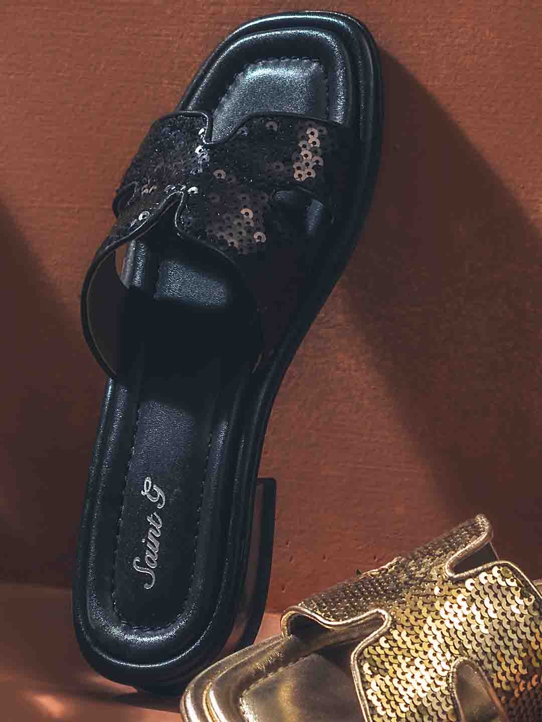 

Saint G Embellished Leather Open Toe Flats, Black