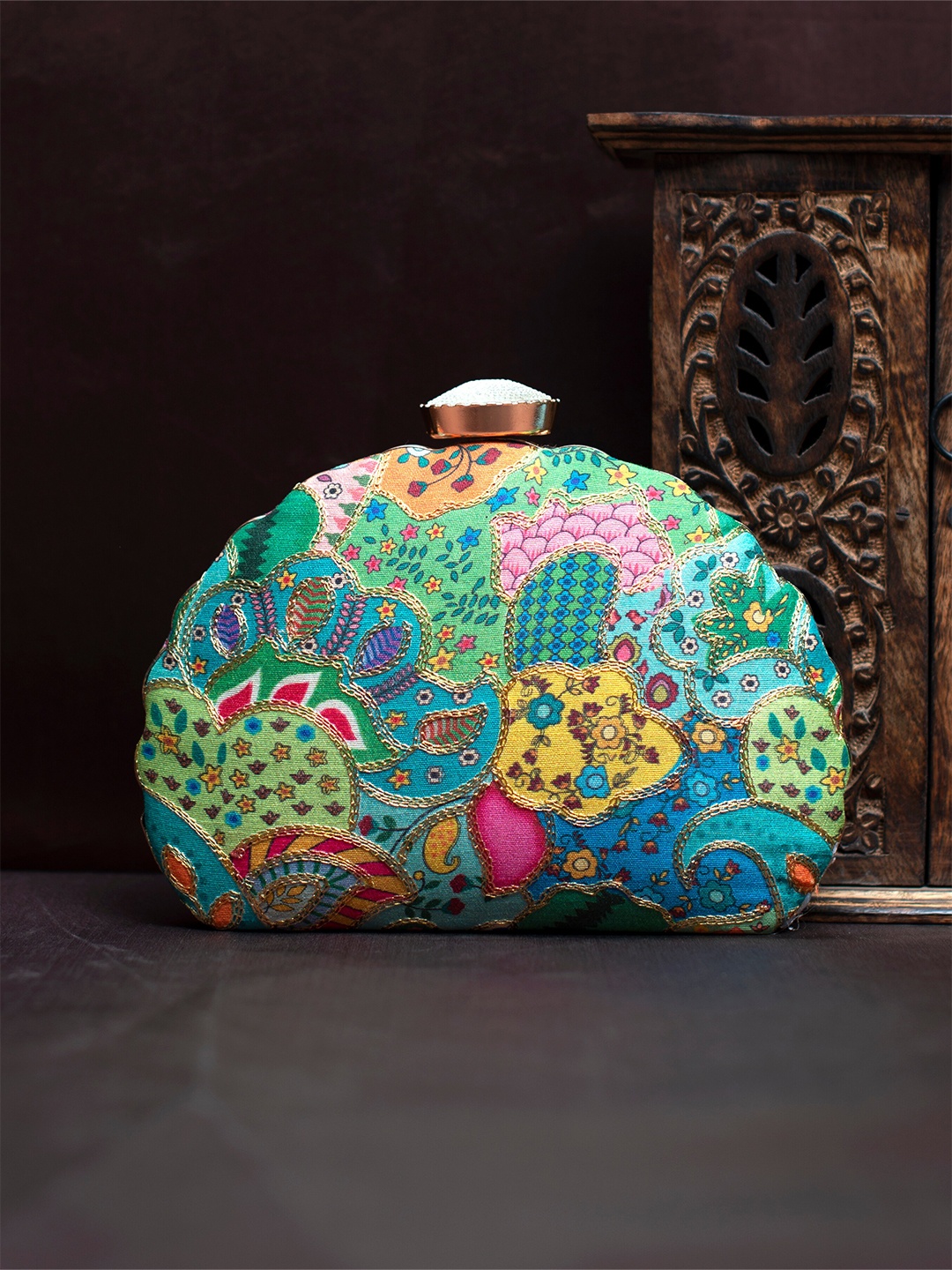 

ARTKLIM Printed Embroidered Box Clutch, Green