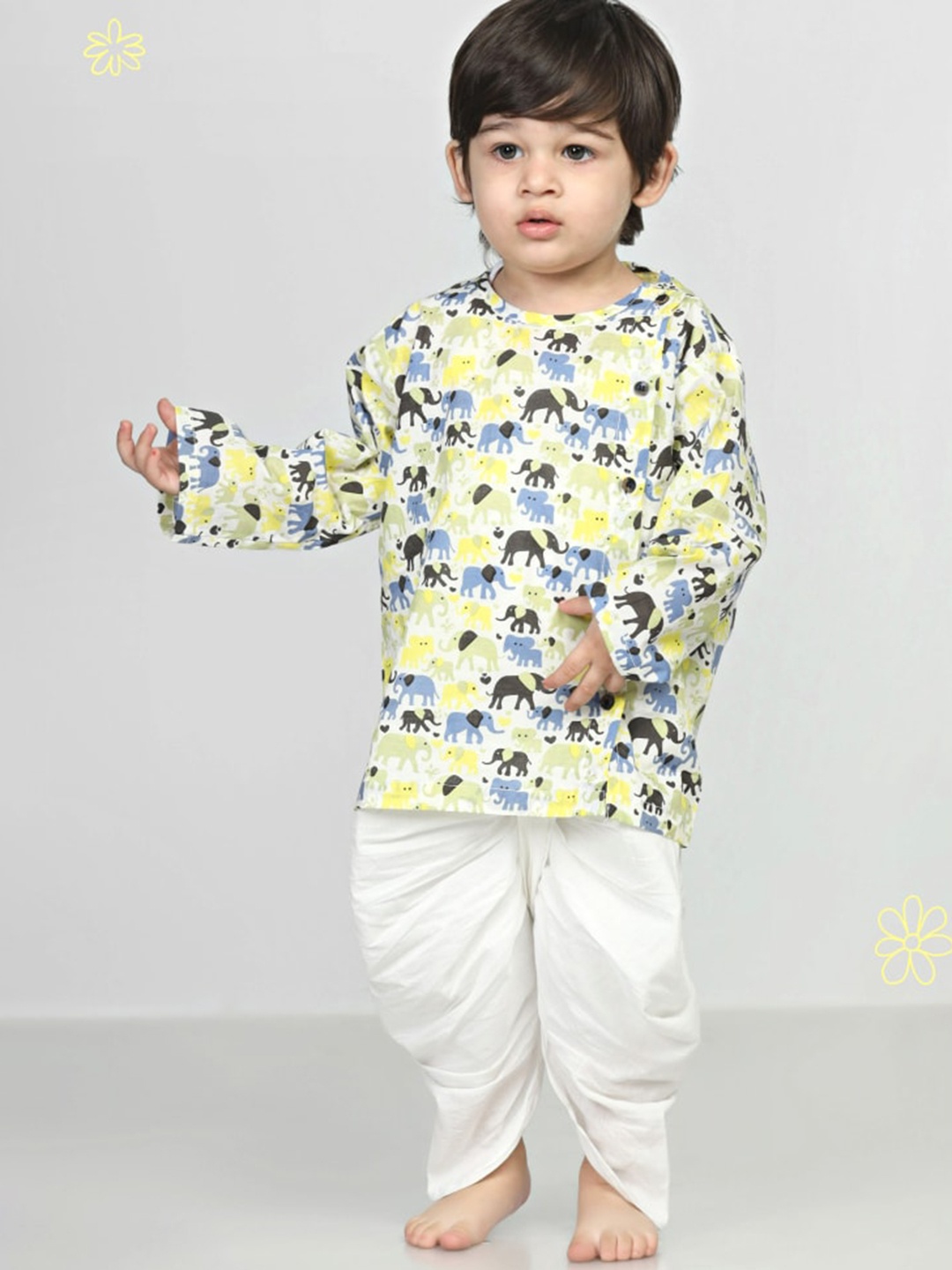 

Polka Tots Infants Kids Ethnic Motifs Printed Angrakha Kurta with Dhoti Pants, White