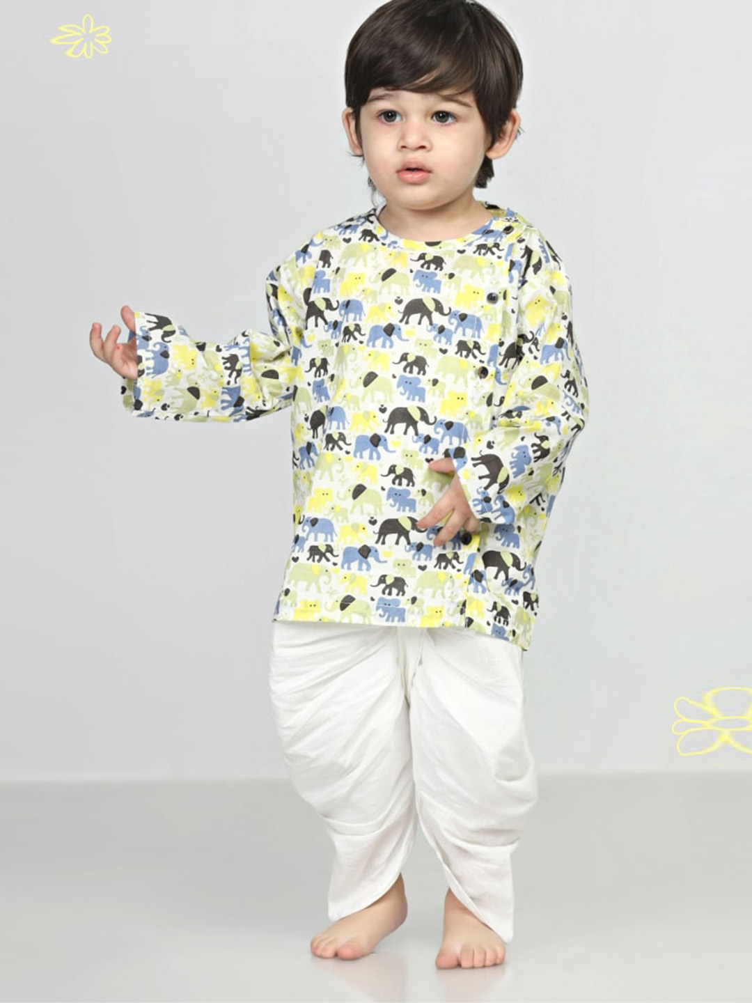 

Polka Tots Infants Kids Ethnic Motifs Printed Angrakha Kurta with Dhoti Pants, White