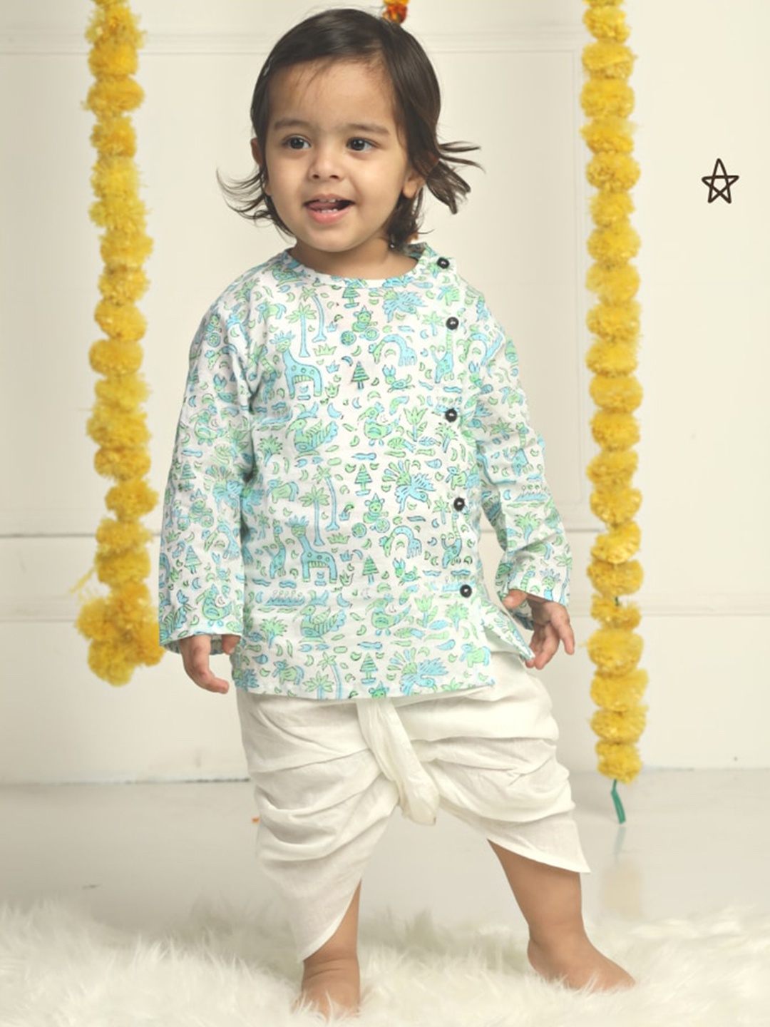 

Polka Tots Infants Kids Ethnic Motifs Printed Angrakha Kurta with Dhoti Pants, White
