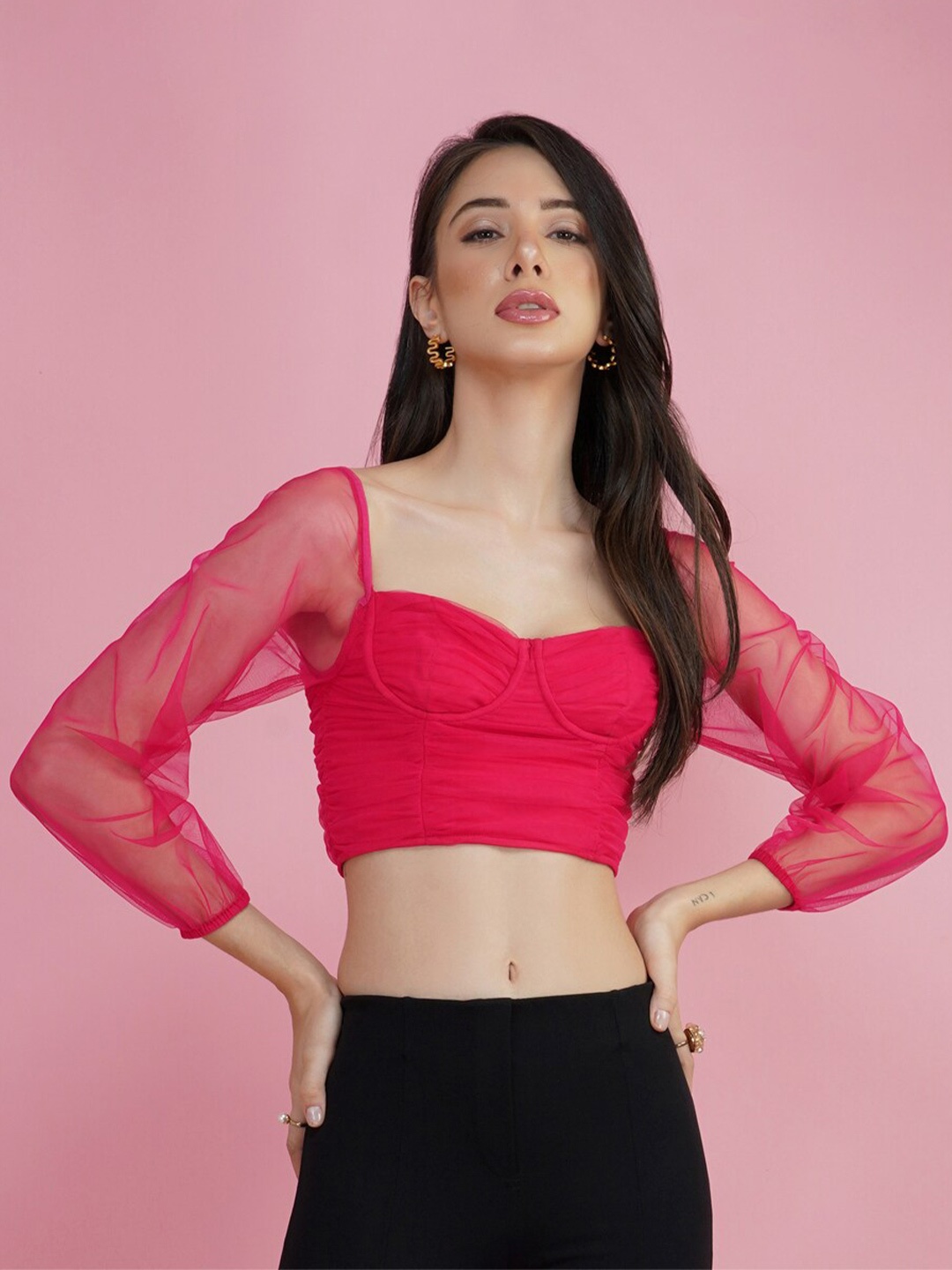 

DELAN Sweetheart Neck Ruched Net Crop Top, Pink