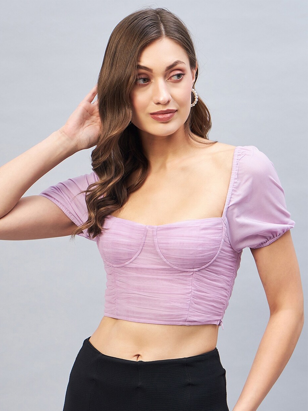 

DELAN Square Neck Puff Sleeve Net Fitted Crop Top, Lavender