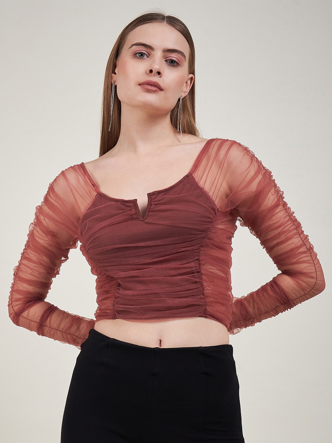 

DELAN Scoop Neck Net Fitted Crop Top, Peach