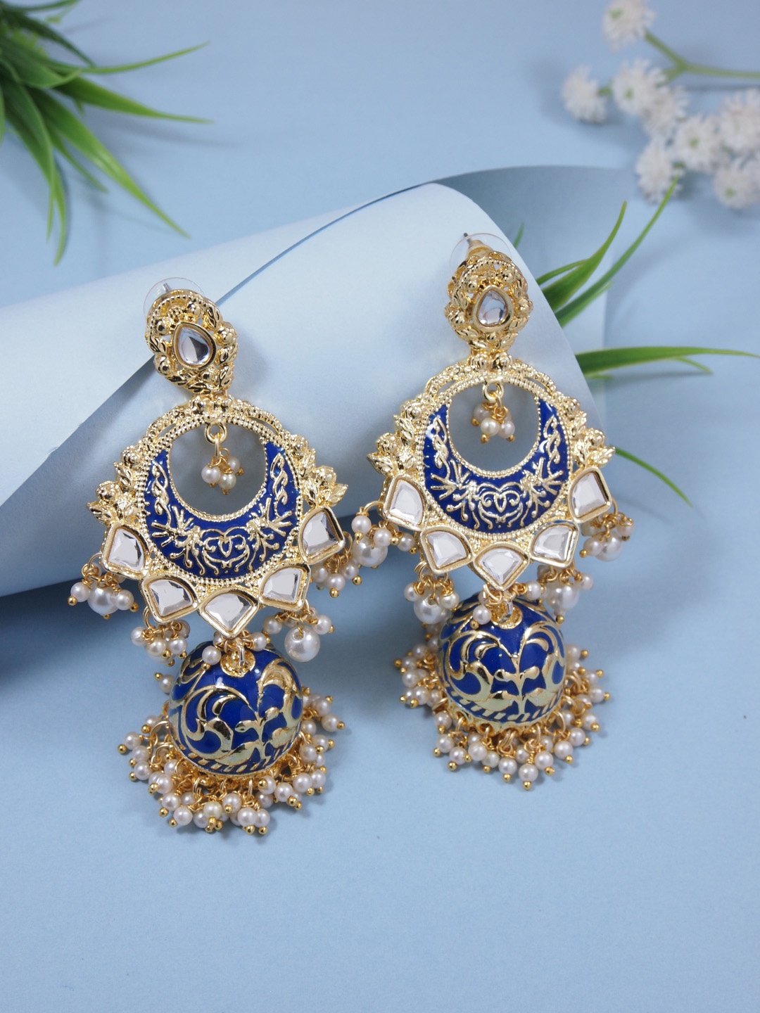

I Jewels Gold-Plated Kundan Contemporary Chandbalis