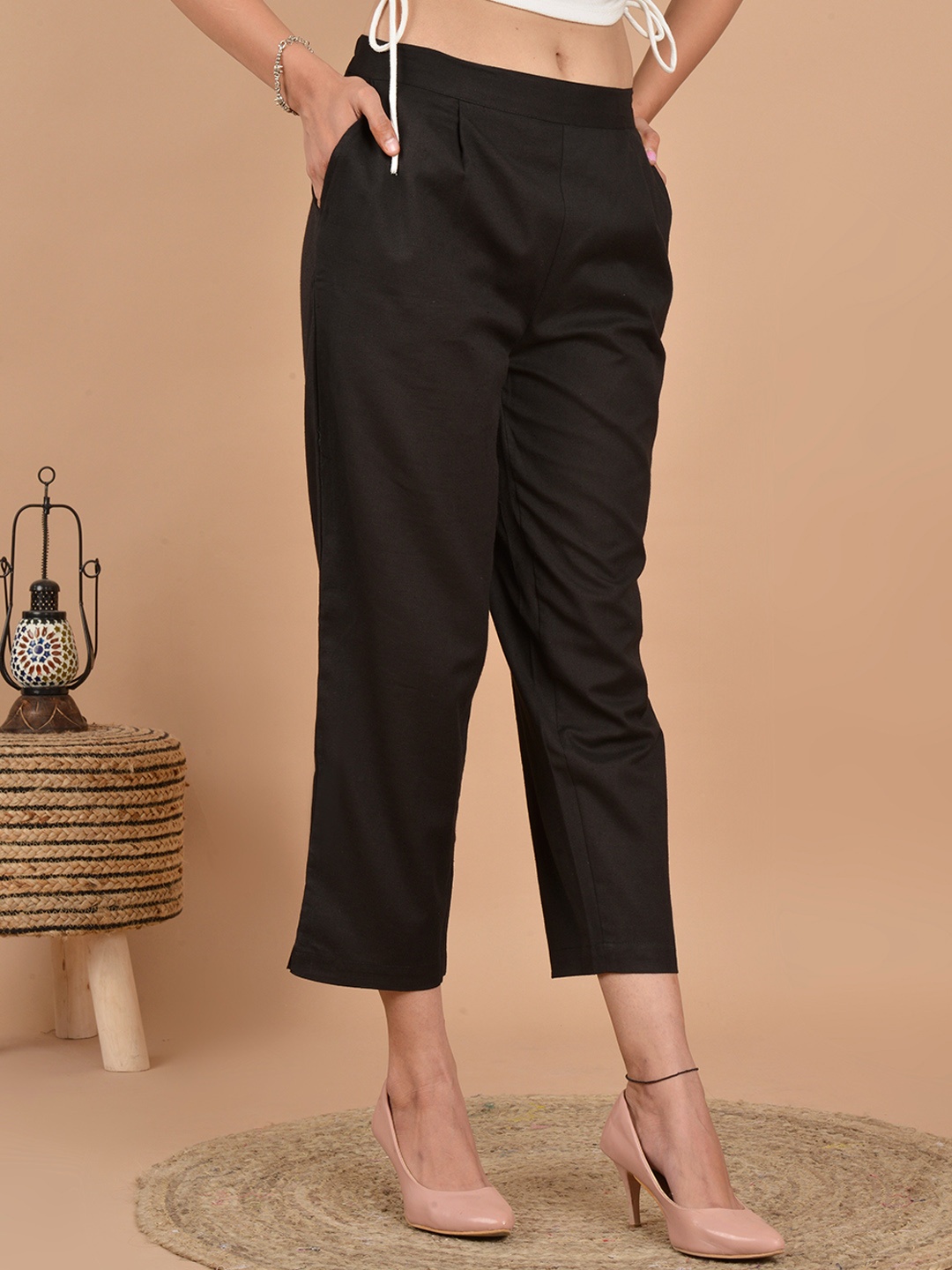 

CELEBRAVO Women Relaxed Straight Leg Pleated Cotton Three-Fourth Length Trousers, Black