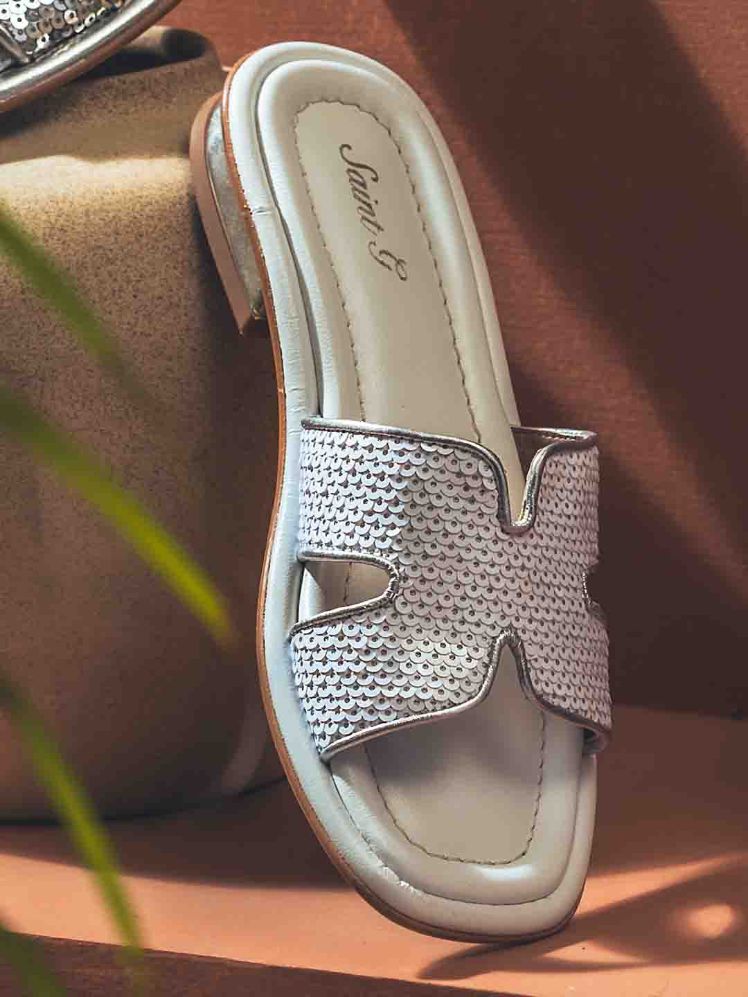 

Saint G Embellished Leather Open Toe Flats, White