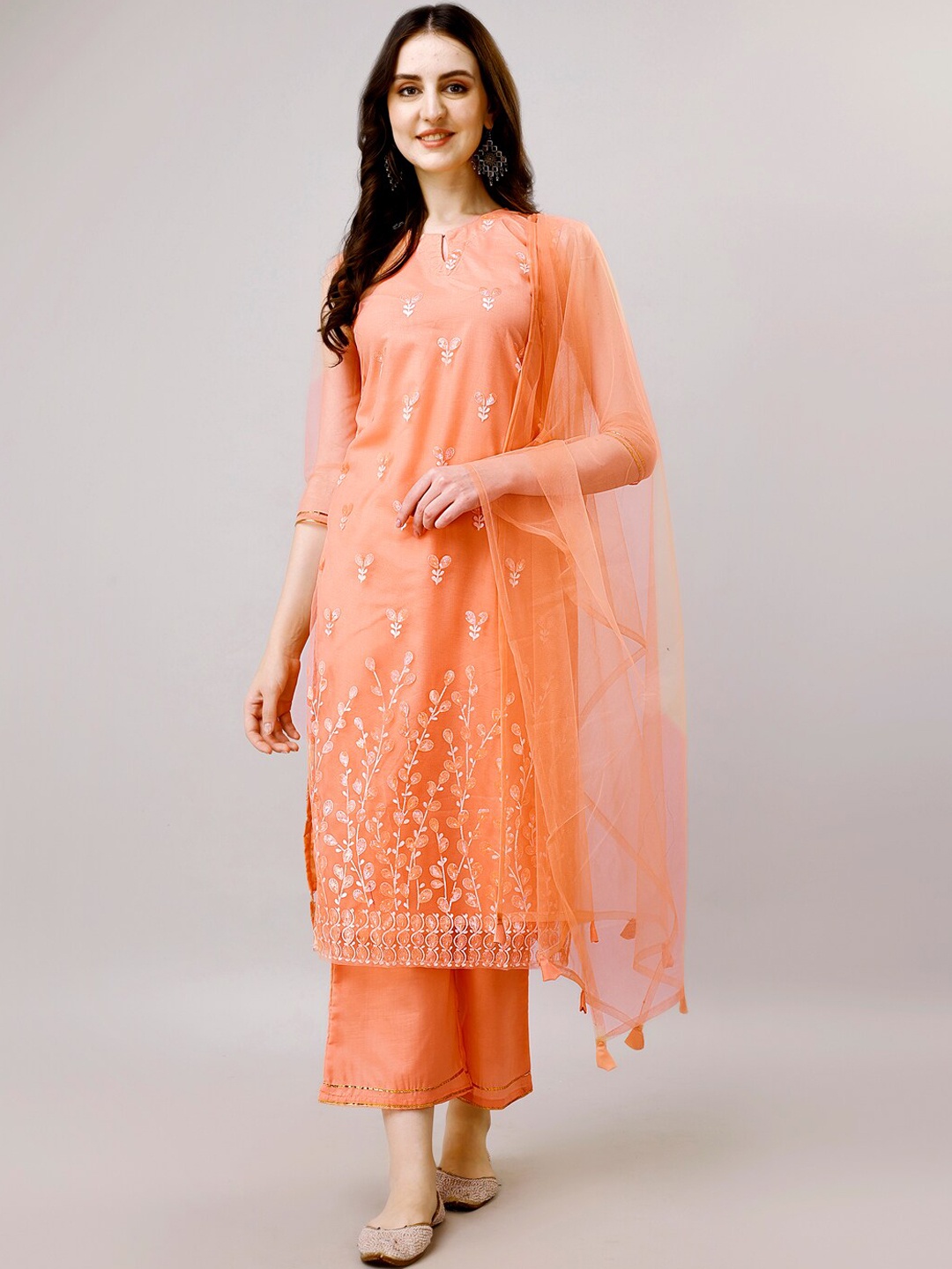 

Modestouze Attires Floral Embroidered Keyhole Neck Straight Kurta & Trousers With Dupatta, Orange