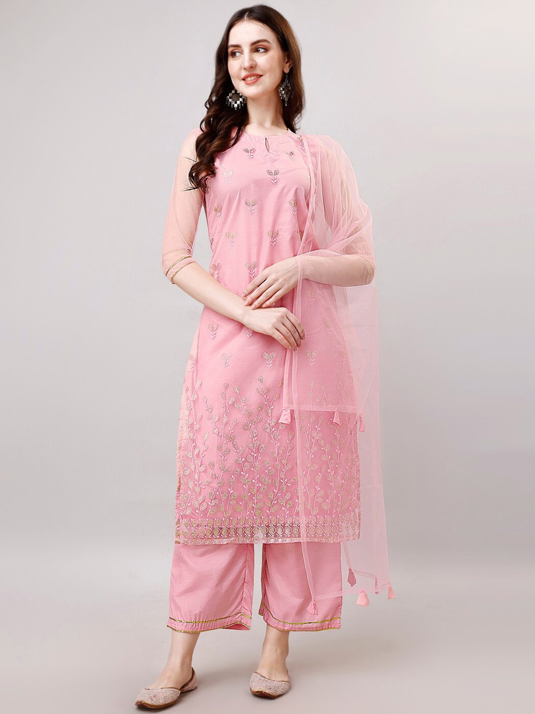 

Modestouze Attires Floral Embroidered Net Straight Kurta & Trousers With Dupatta, Pink