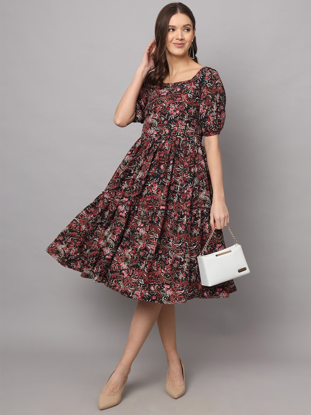 

Modestouze Attires Floral Printed Square Neck Puff Sleeves Tiered Fit & Flare Midi Dress, Black