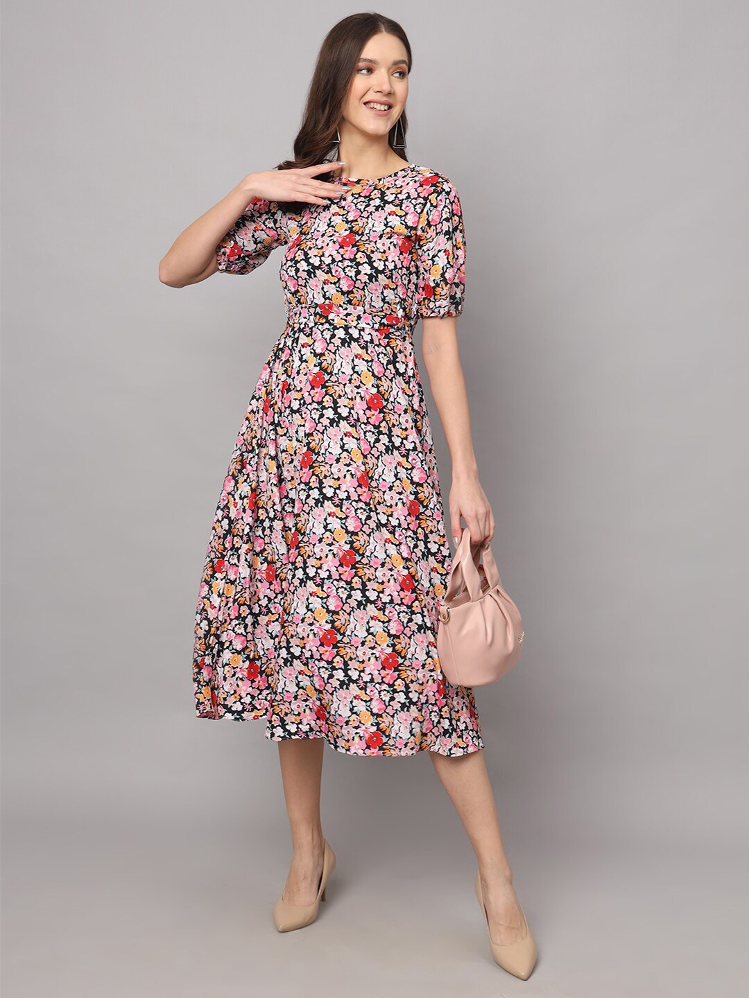 

Modestouze Attires Floral Printed Puff Sleeve A-Line Midi Dress, Black