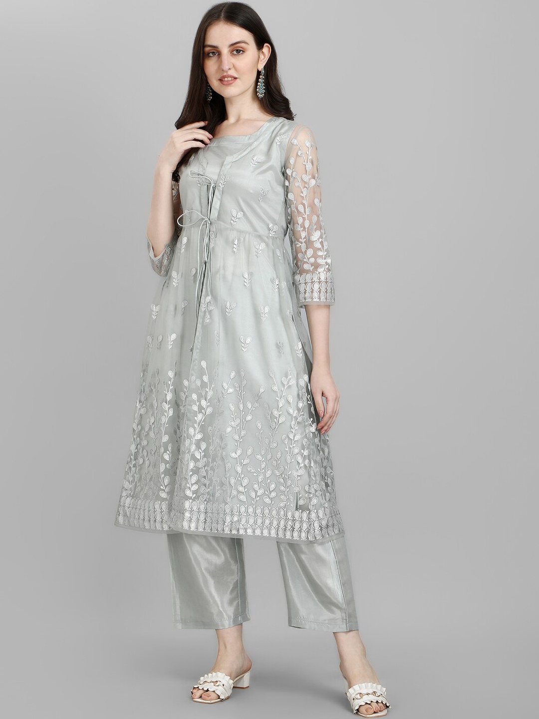 

Modestouze Attires Floral Embroidered Straight Thread Work Kurta & Trousers With Jacket, Grey