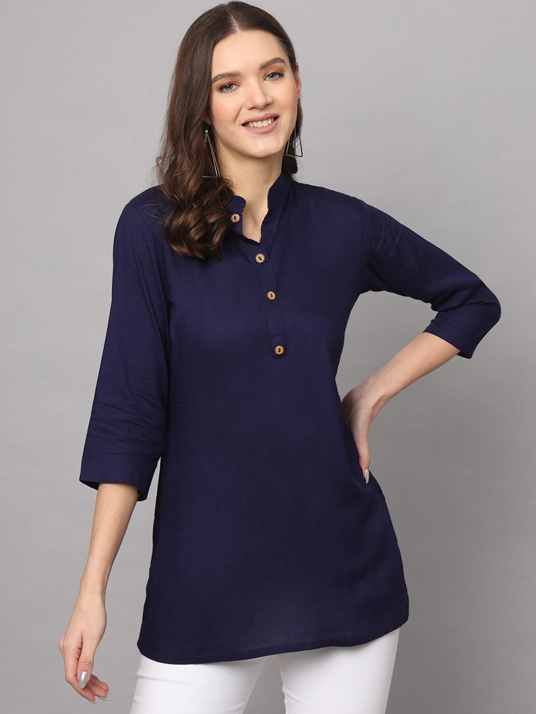 

Modestouze Attires Mandarin Collar Straight Tunic, Navy blue