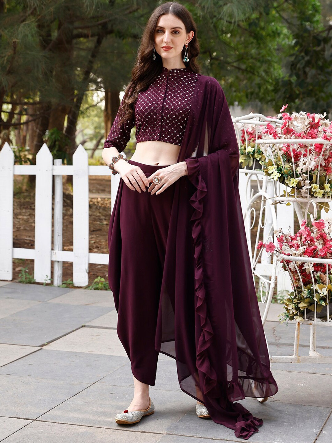 

Modestouze Attires Embellished Crop Top With Patiala & Dupatta Co-Ords, Purple