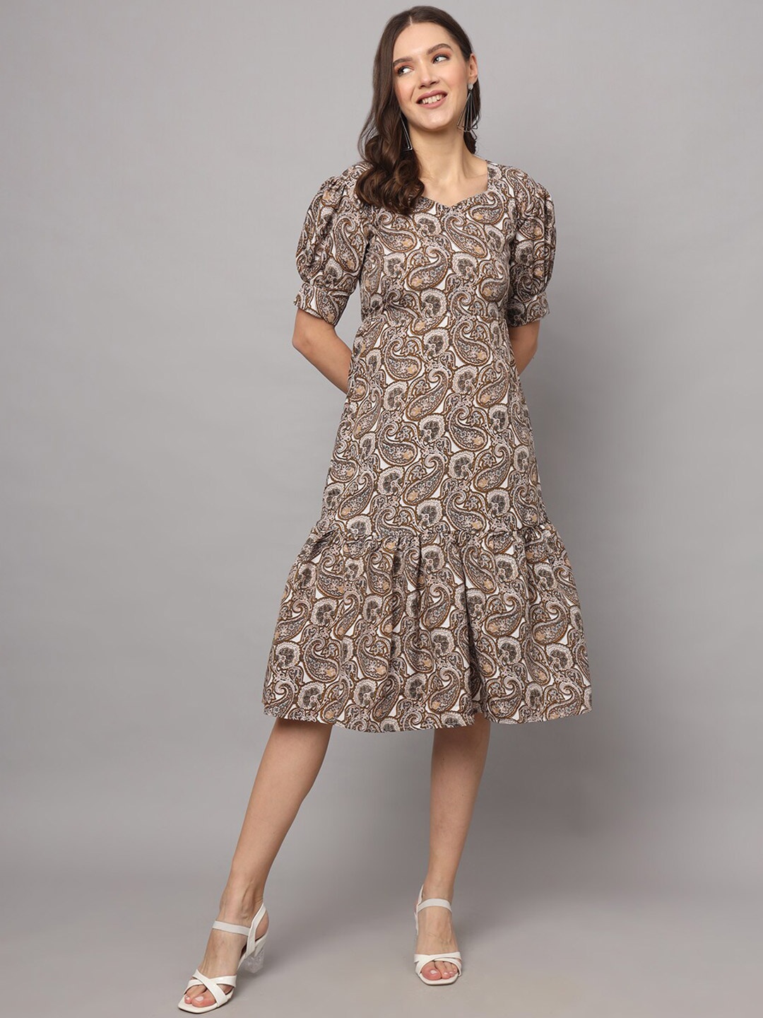 

Modestouze Attires Animal Printed Puff Sleeve Drop-Waist Dress, Brown