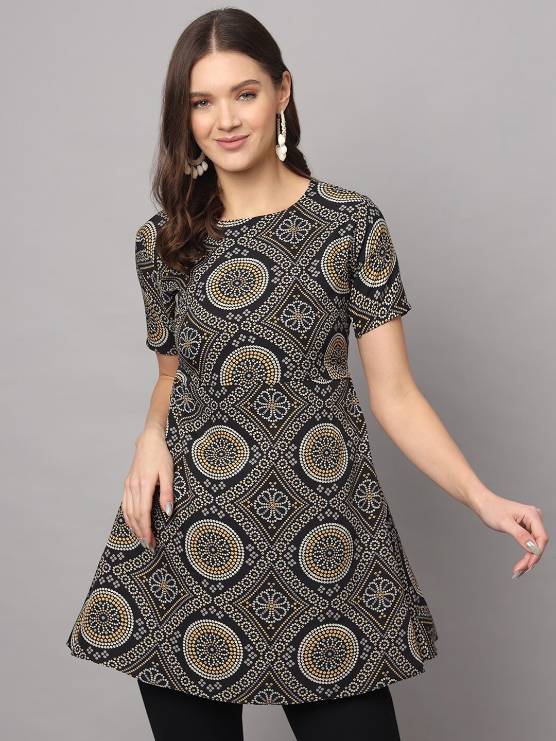 

Modestouze Attires Ethnic Motifs Printed Tunic, Black