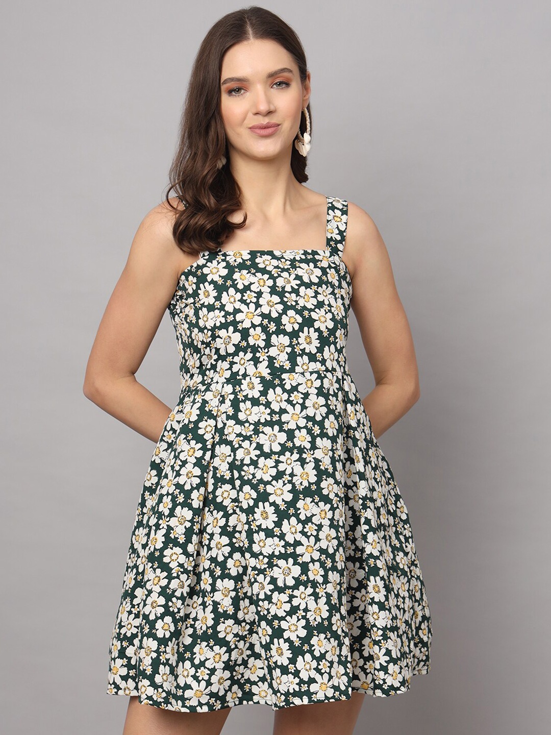 

Modestouze Attires Floral Printed Shoulder Straps Fit & Flare Dress, Green