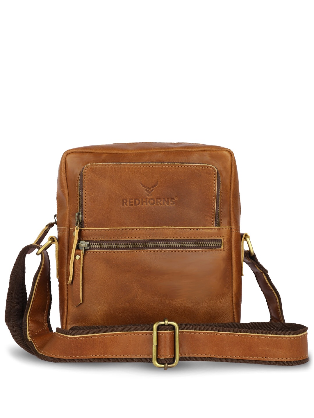 

REDHORNS Unisex Leather Structured Sling Bag, Tan