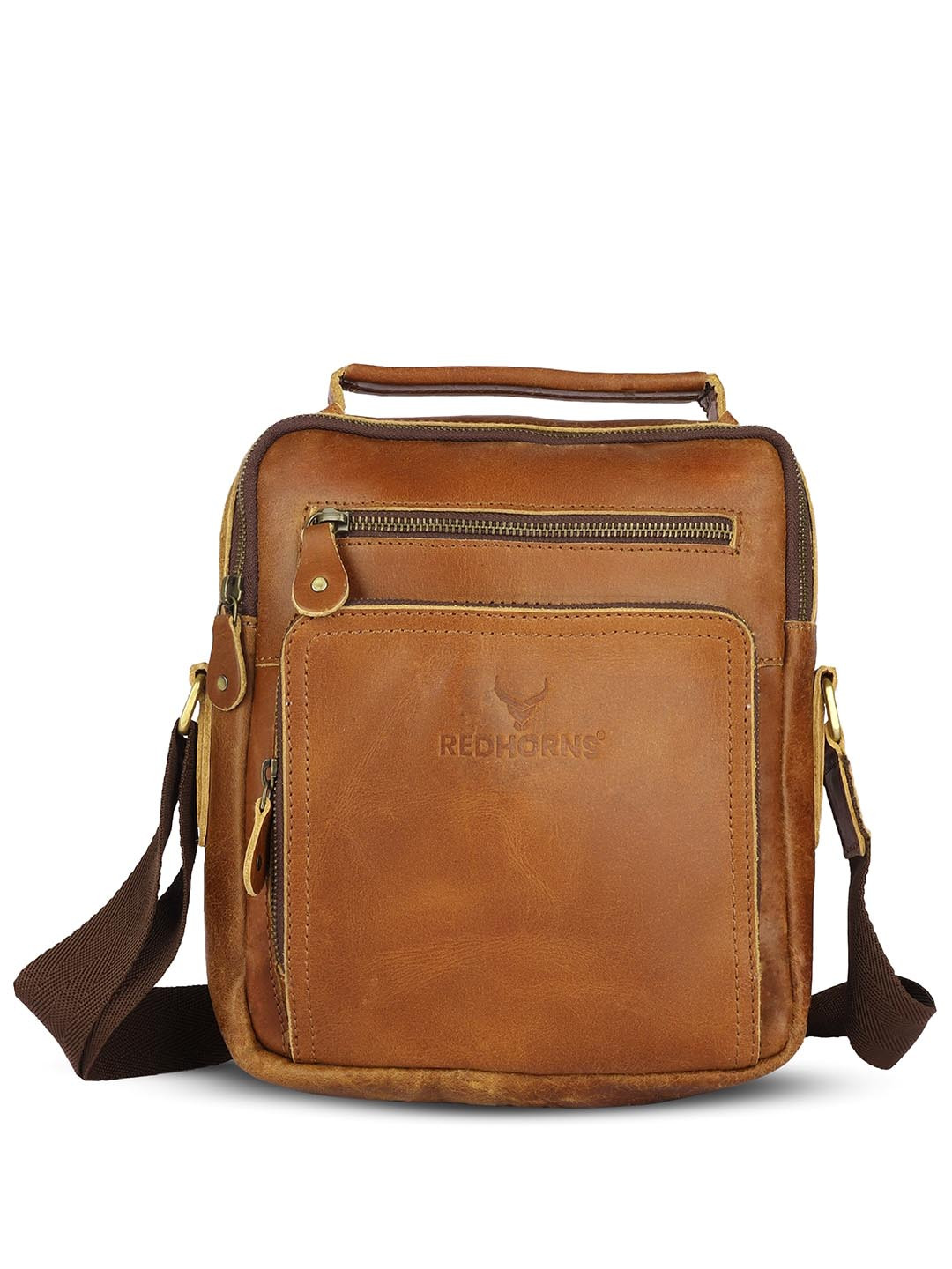 

REDHORNS Unisex Leather Structured Sling Bag, Tan