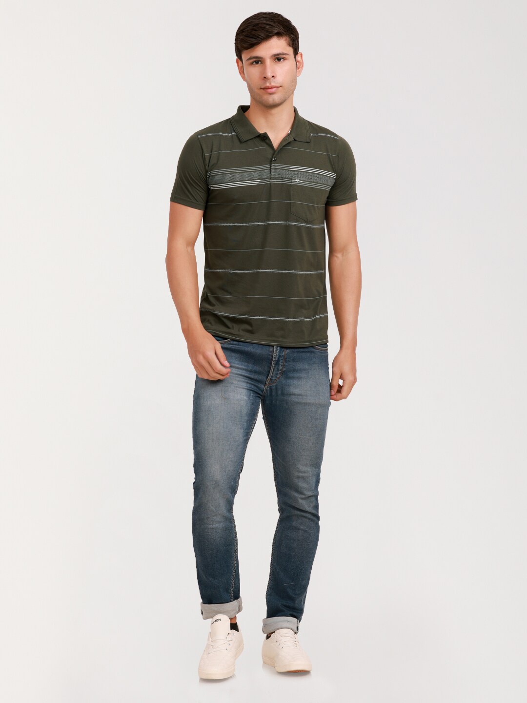 

ARRAY Striped Polo Collar Cotton Pockets T-shirt, Green