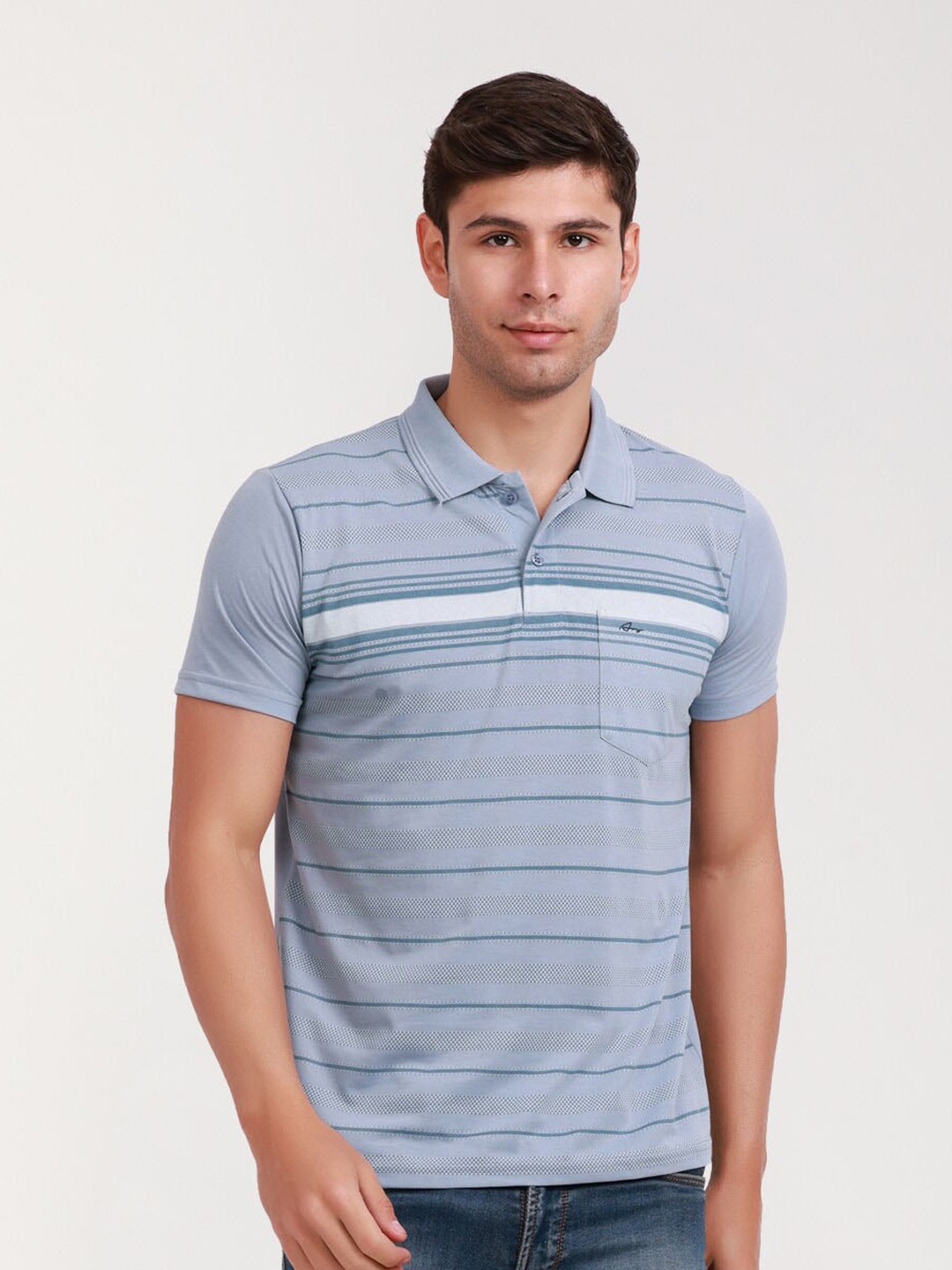

ARRAY Striped Polo Collar Cotton Pockets T-shirt, Blue
