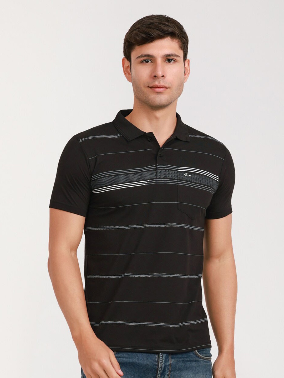 

ARRAY Striped Polo Collar Cotton Pockets T-shirt, Black