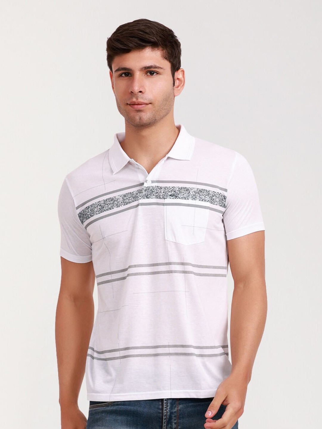 

ARRAY Striped Polo Collar Cotton Pockets T-shirt, White