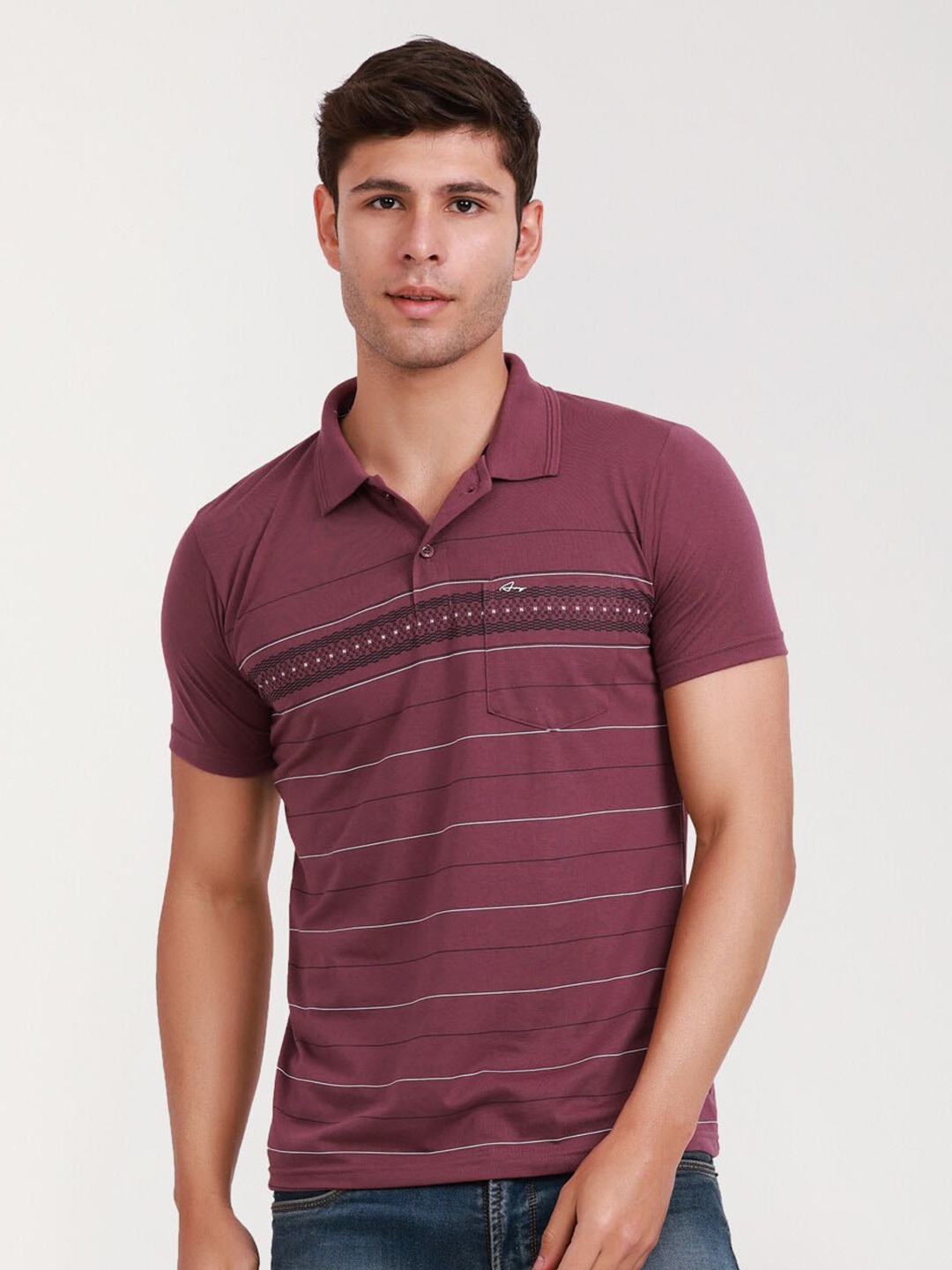 

ARRAY Striped Polo Collar Cotton Pockets T-shirt, Purple