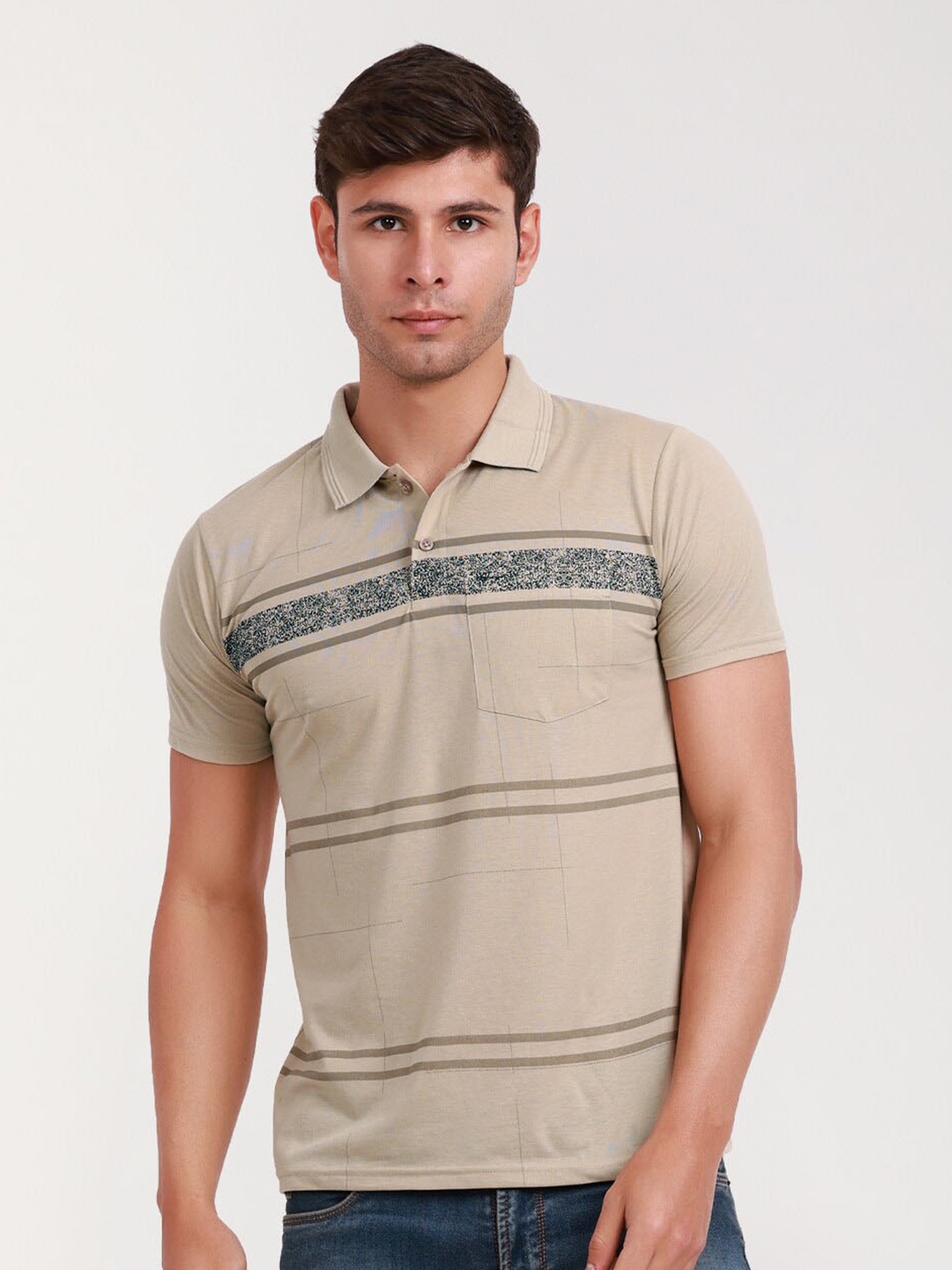

ARRAY Striped Polo Collar Cotton Pockets T-shirt, Coffee brown