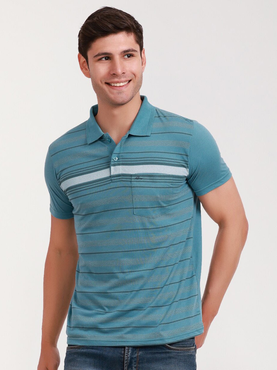 

ARRAY Striped Polo Collar Cotton Pockets T-shirt, Blue