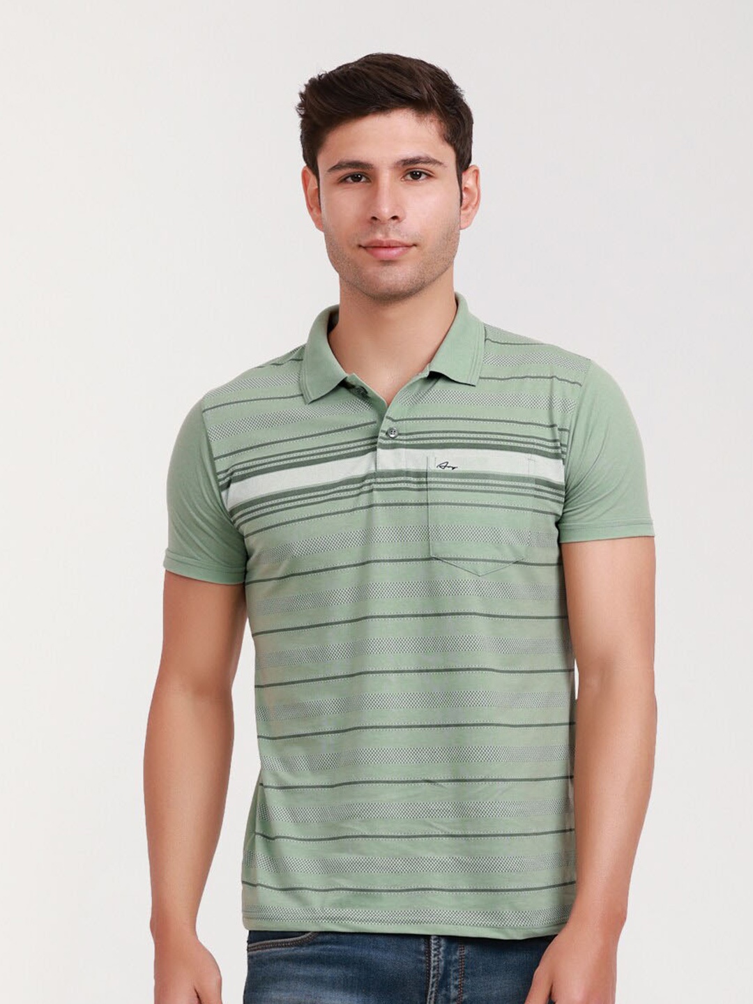 

ARRAY Striped Polo Collar Cotton Pockets T-shirt, Green