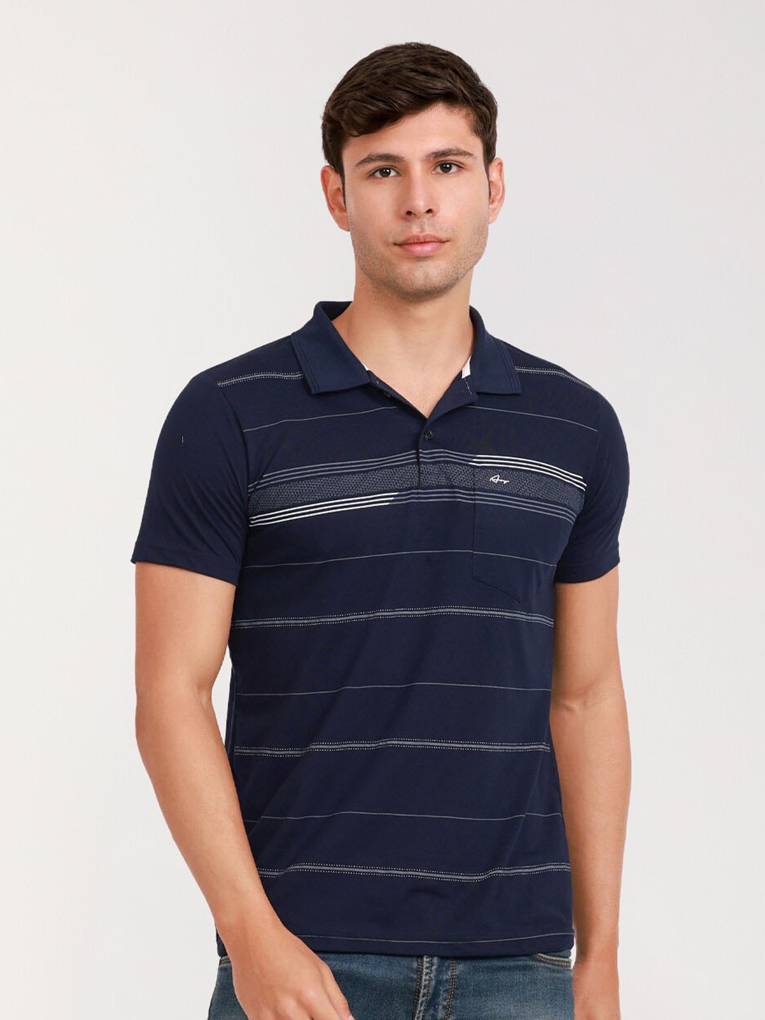 

ARRAY Striped Polo Collar Cotton Pockets T-shirt, Navy blue