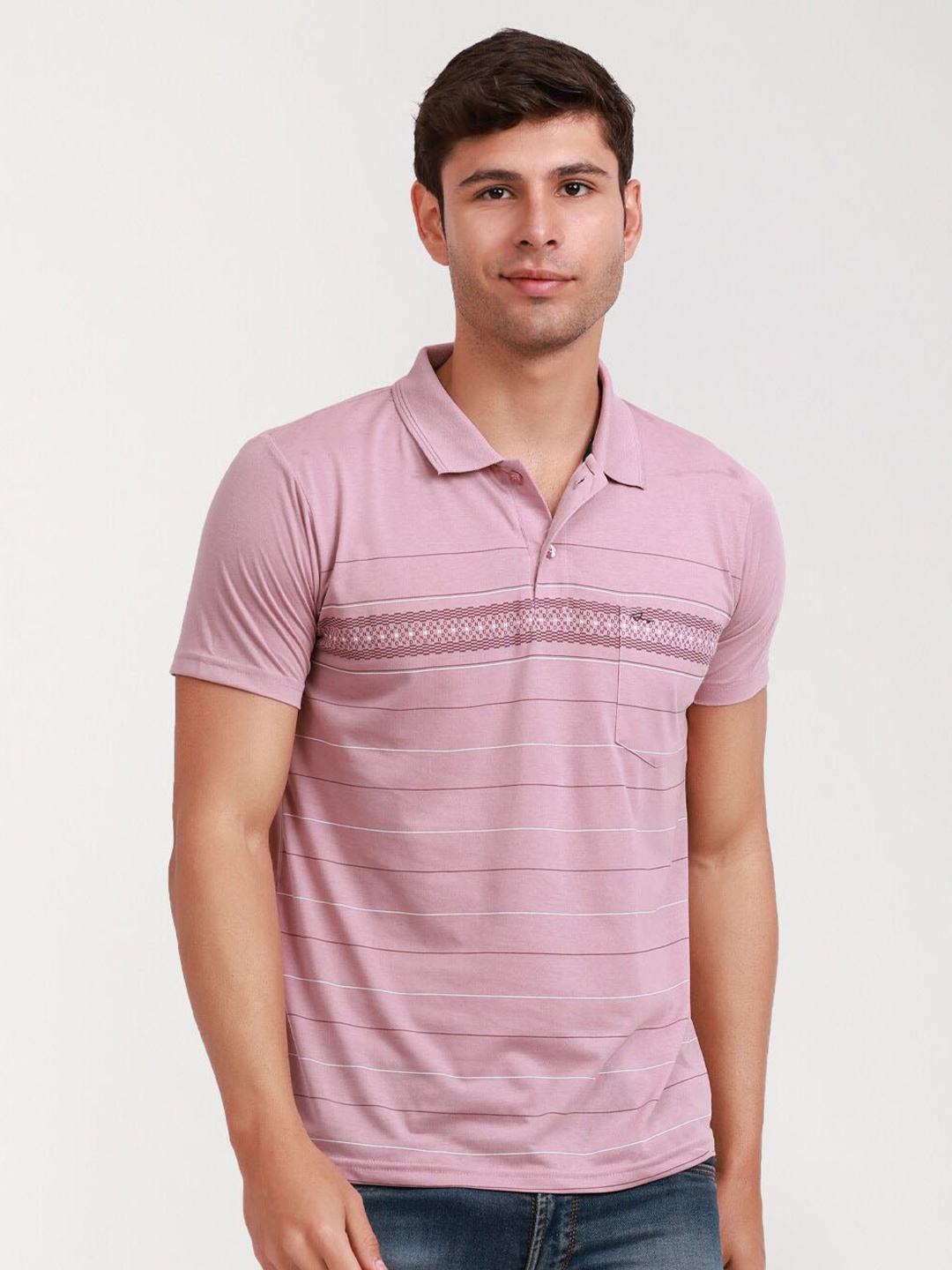 

ARRAY Striped Polo Collar Cotton Pockets T-shirt, Pink