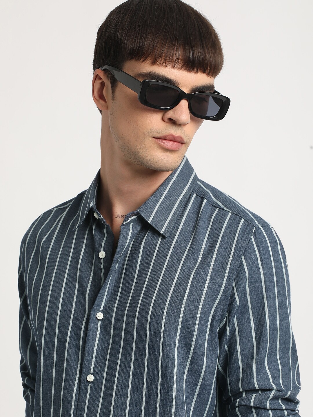

THE BEAR HOUSE Slim Fit Striped Cotton Casual Shirt, Blue