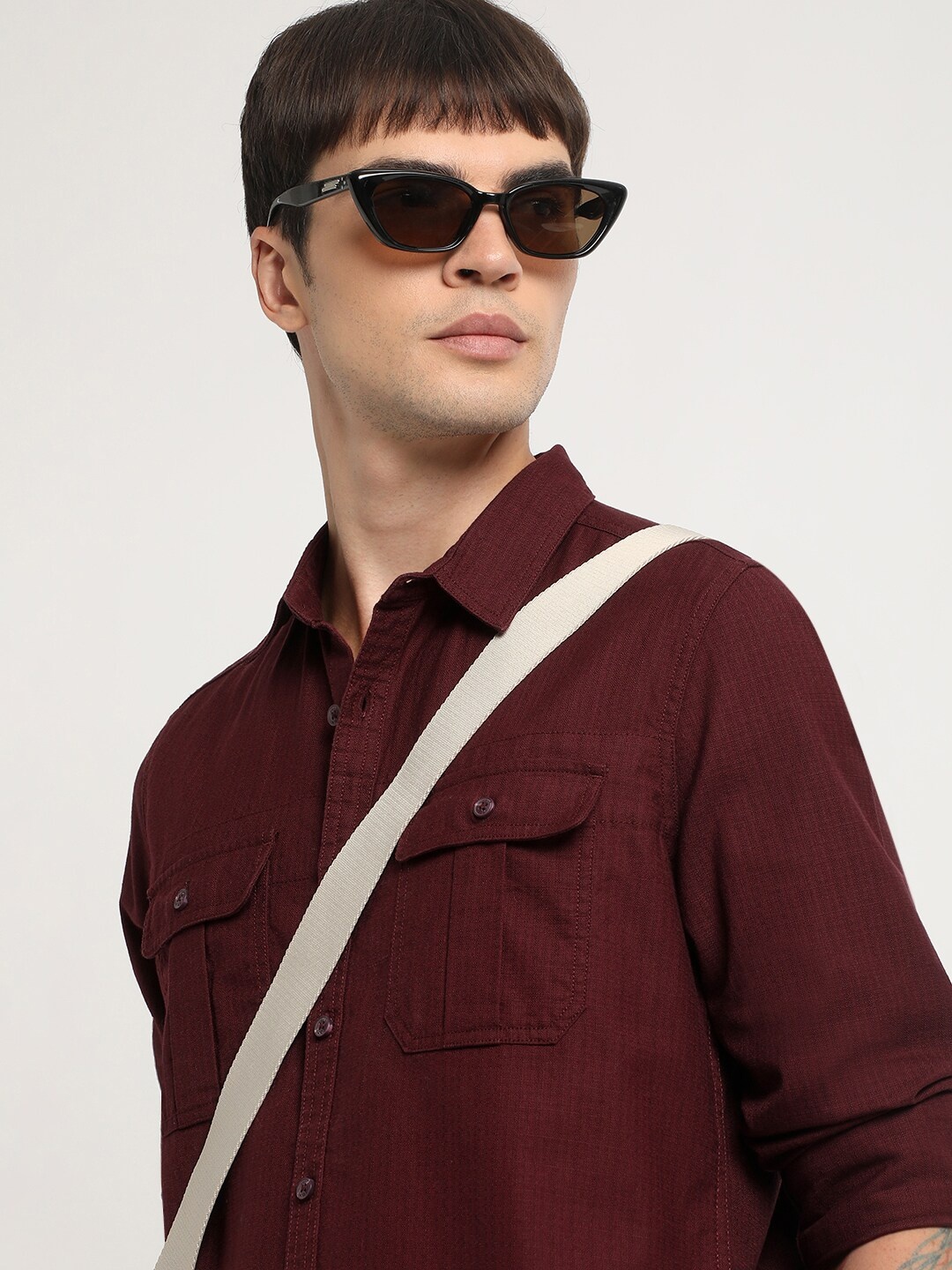 

THE BEAR HOUSE Slim Fit Cotton Casual Shirt, Maroon