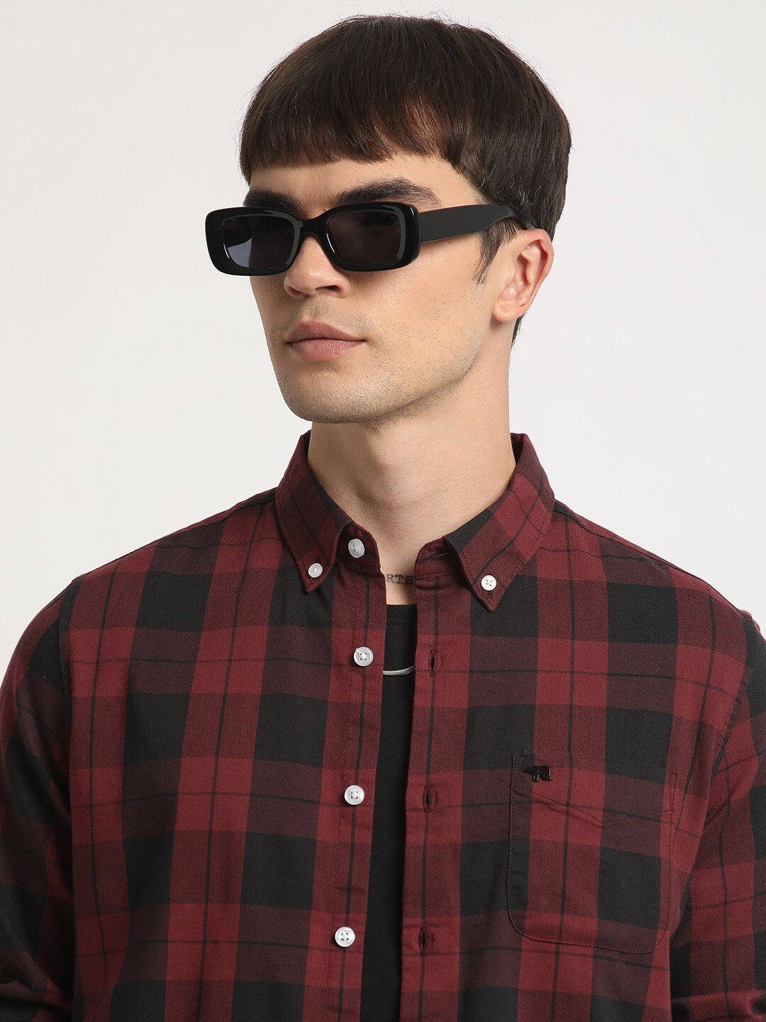 

THE BEAR HOUSE Slim Fit Buffalo Checked Cotton Casual Shirt, Maroon