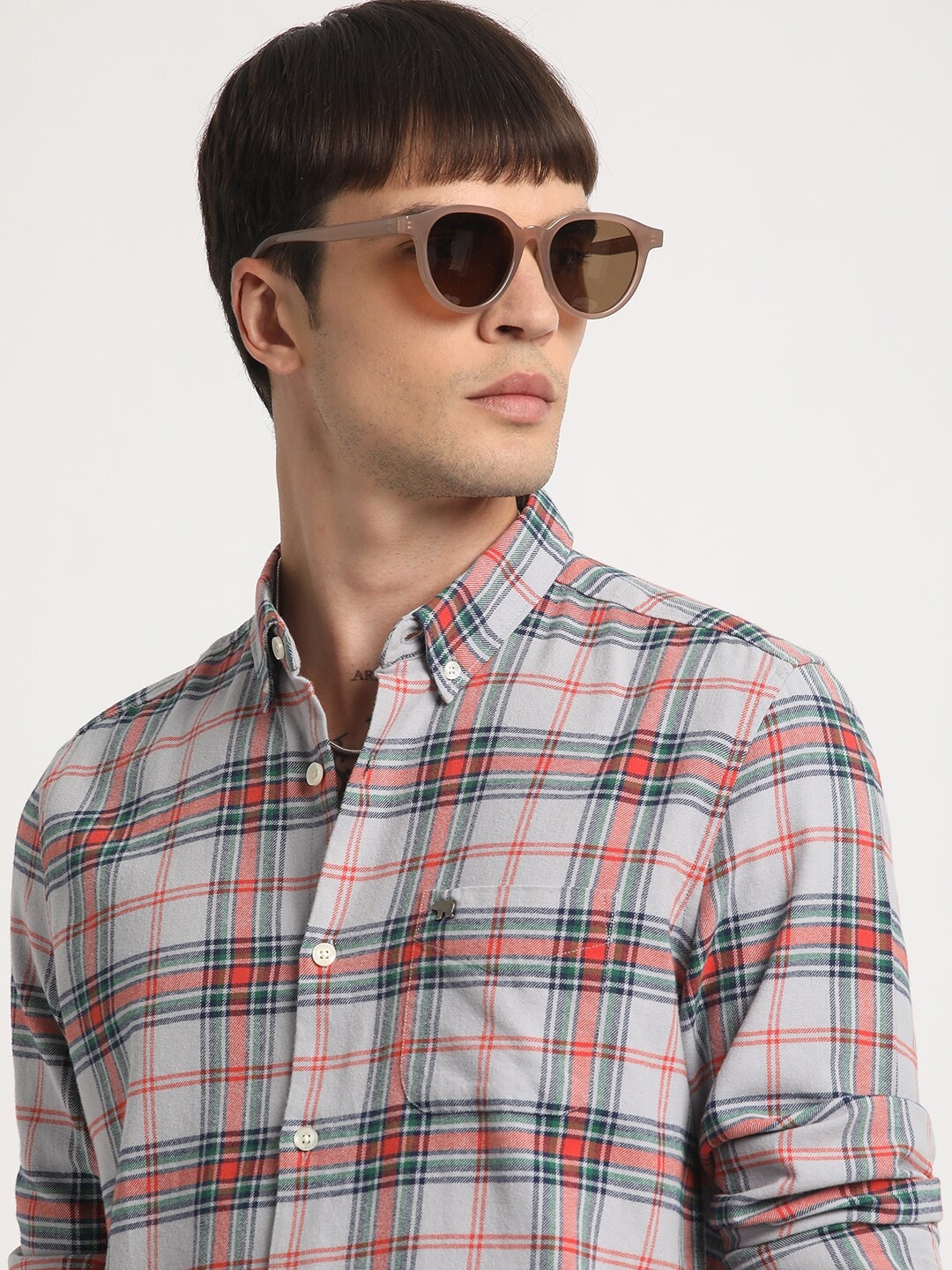 

THE BEAR HOUSE Slim Fit Button-Down Collar Tartan Checked Pure Cotton Casual Shirt, Beige